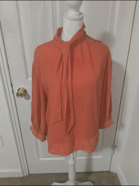 New York & Company Coral-Orange Tie-Neck Blouse with Shoulder Buttons